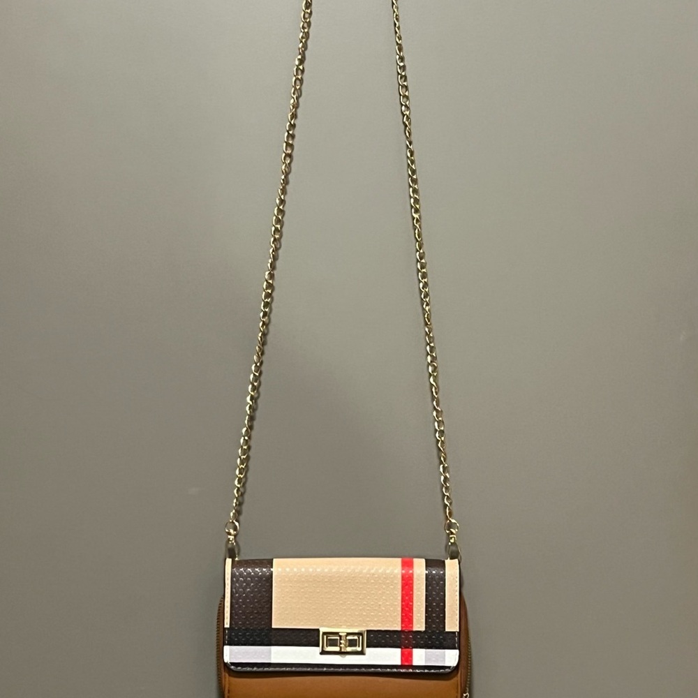 Cream and Red Crossbody Bag with Gold Hardware and Striped Pattern